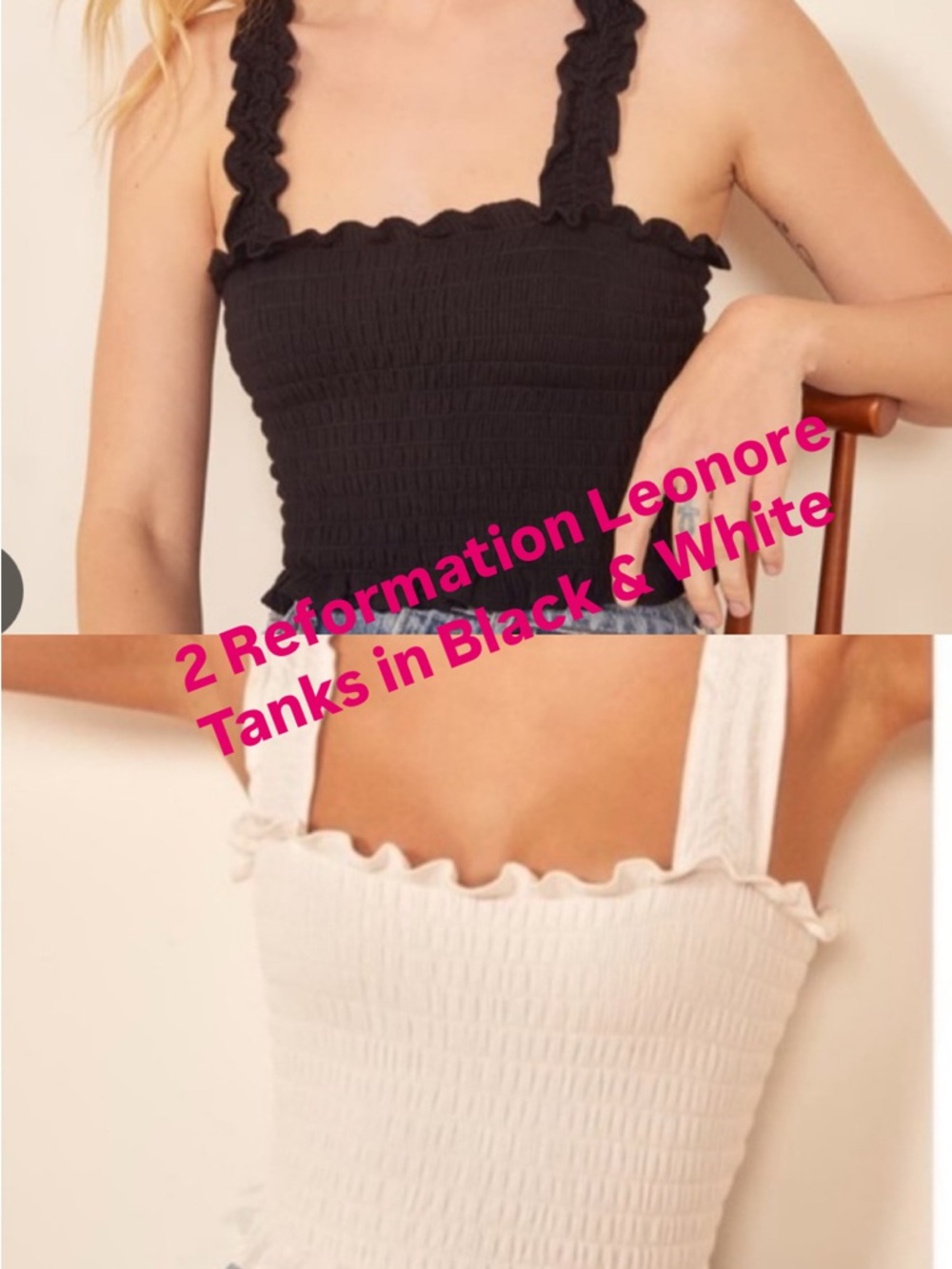 Reformation 2 TANKS - BLACK AND WHITE: Leonore Smocked Tank Top